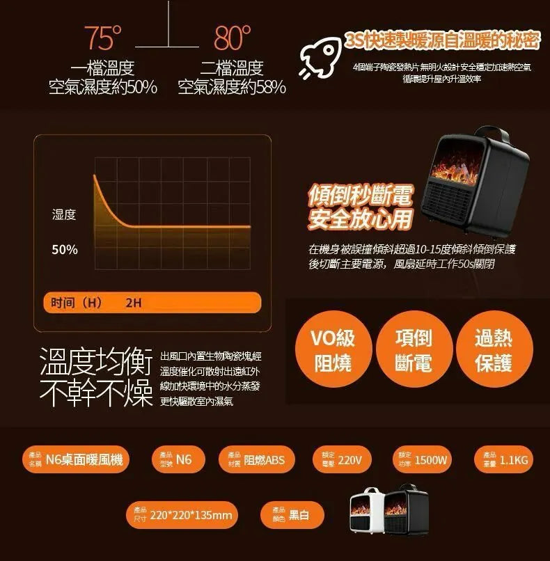 Yachi 新款3D火焰暖風機 1秒即熱暖風加熱 3D彷真火焰