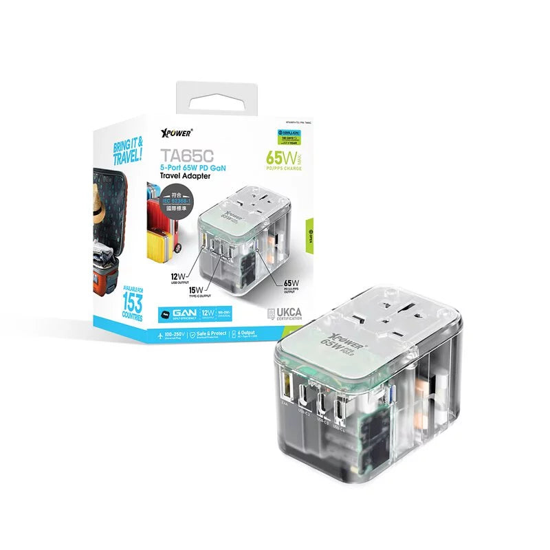 XPower TA65C 65W 5 Ports GaN PD 透明旅行轉插